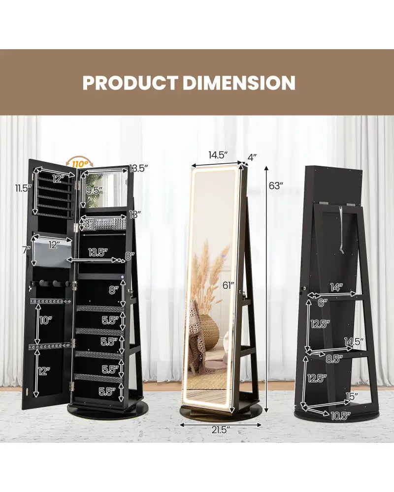 Standing Jewelry Cabinet with Adjustable LED Lights-Black - Black - Jewelry Armoires