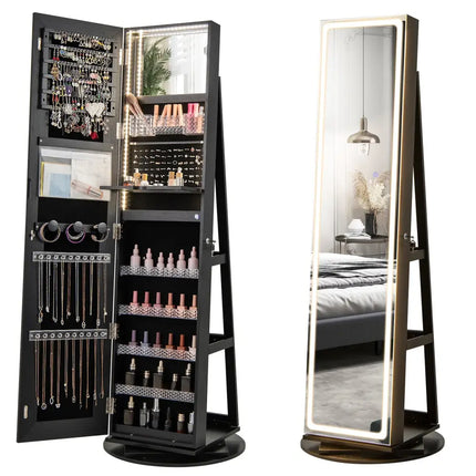 Standing Jewelry Cabinet with Adjustable LED Lights-Black - Black - Jewelry Armoires