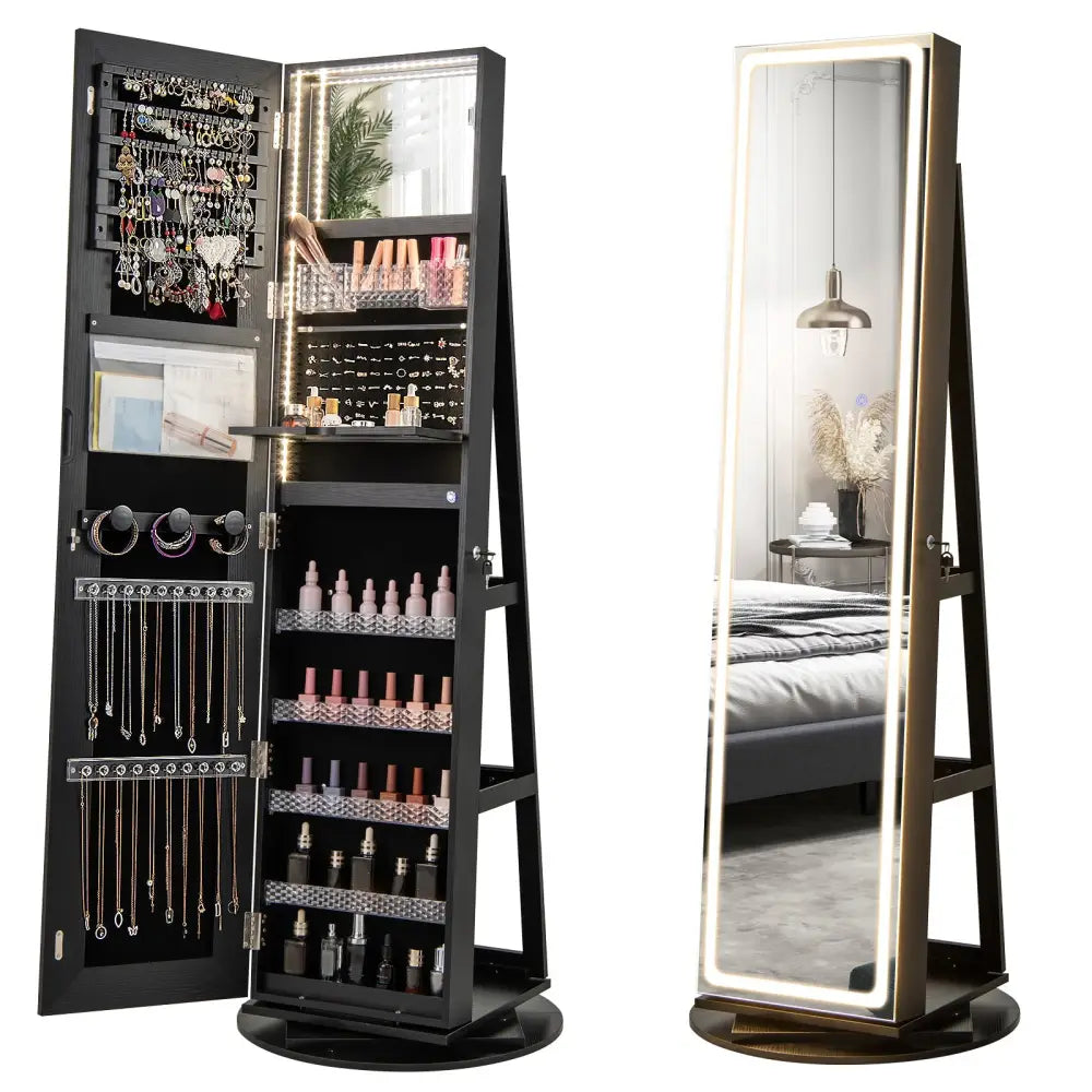 Standing Jewelry Cabinet with Adjustable LED Lights-Black - Black - Jewelry Armoires