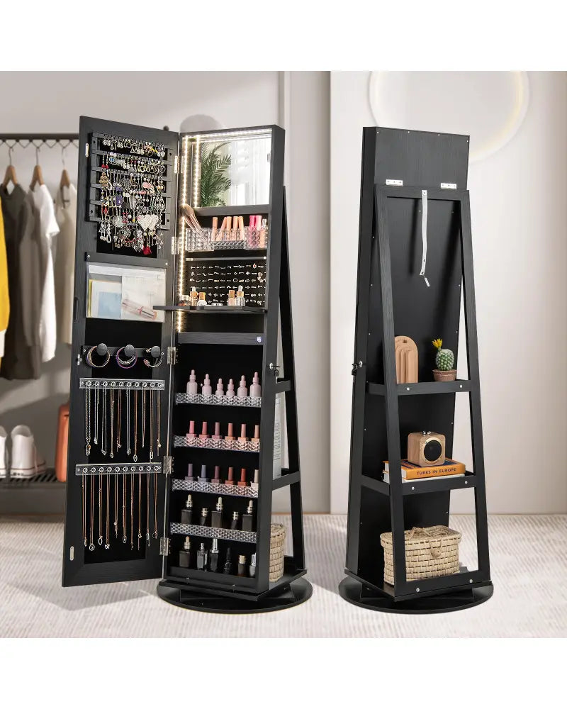 Standing Jewelry Cabinet with Adjustable LED Lights-Black - Black - Jewelry Armoires