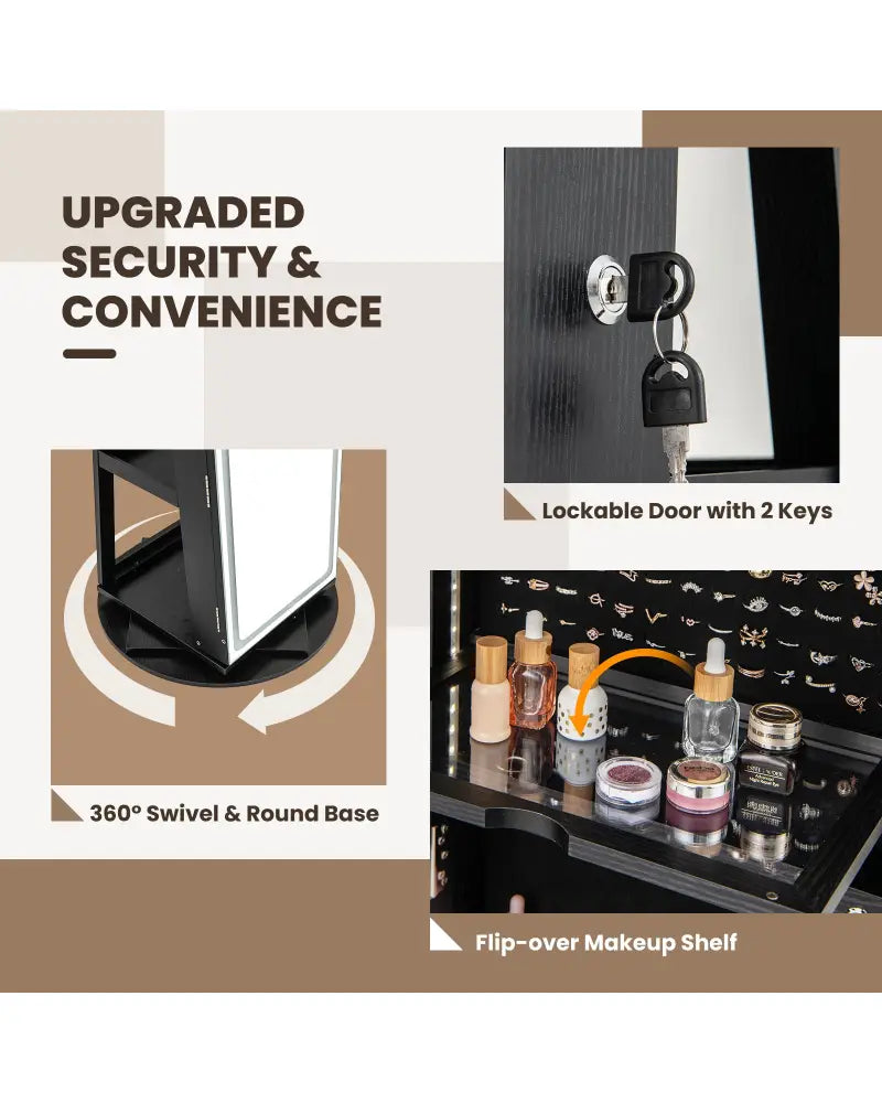 Standing Jewelry Cabinet with Adjustable LED Lights-Black - Black - Jewelry Armoires
