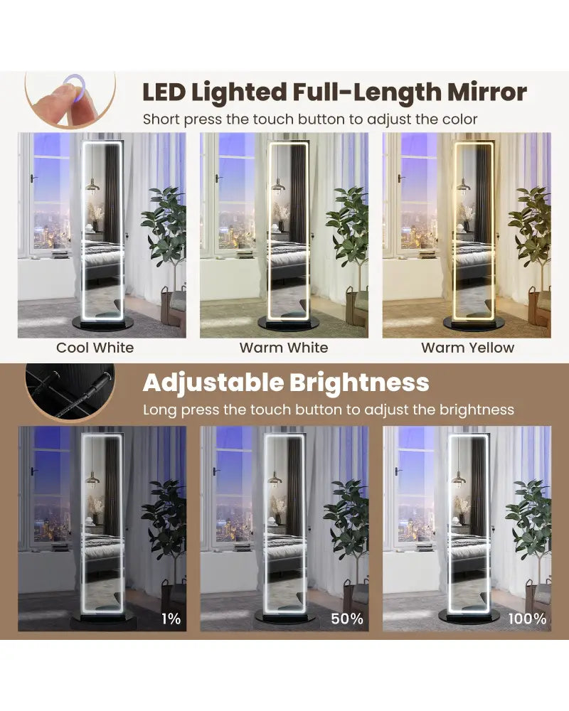Standing Jewelry Cabinet with Adjustable LED Lights-Black - Black - Jewelry Armoires