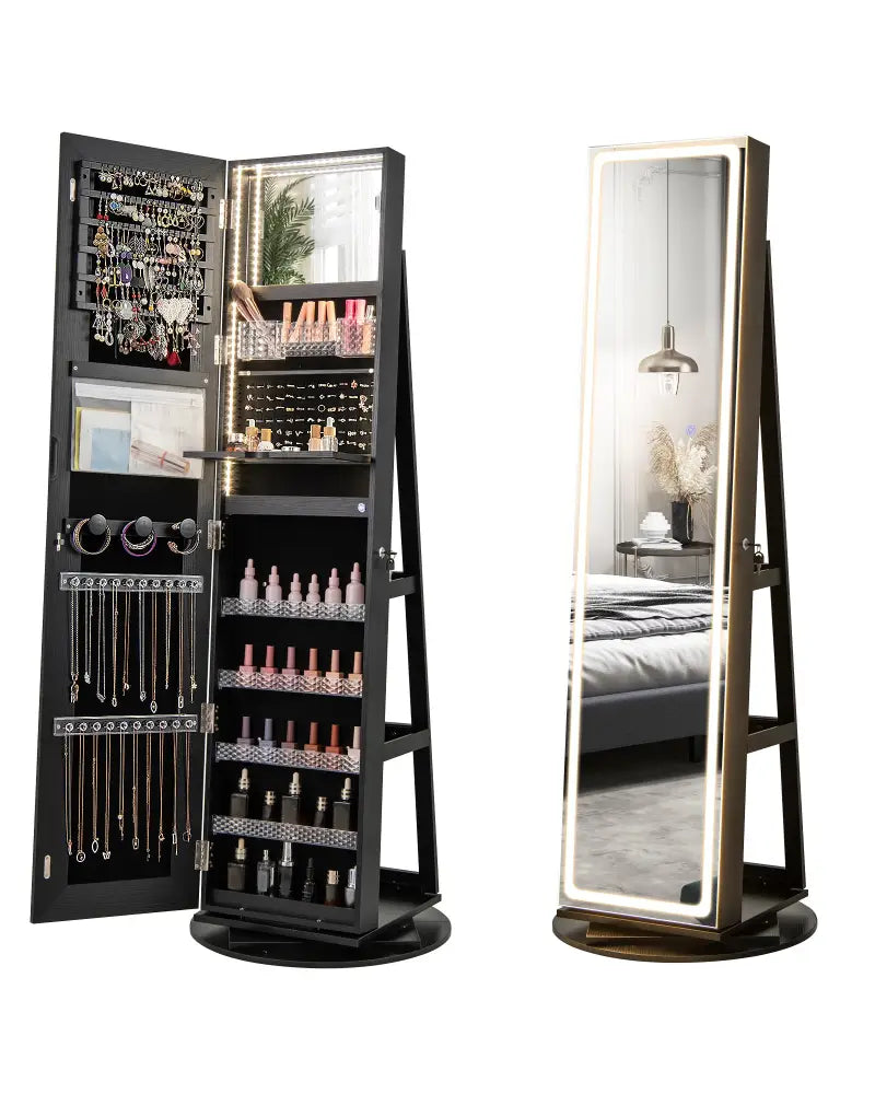Standing Jewelry Cabinet with Adjustable LED Lights-Black - Black - Jewelry Armoires