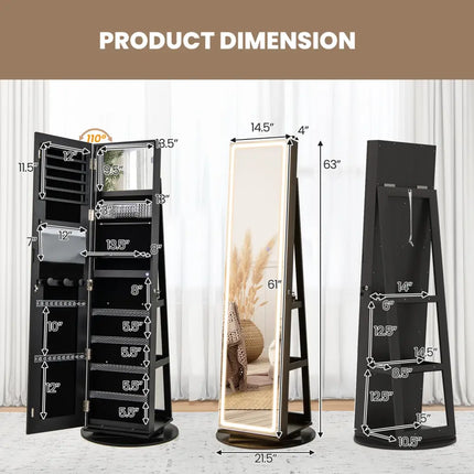 Standing Jewelry Cabinet with Adjustable LED Lights-Black - Black - Jewelry Armoires