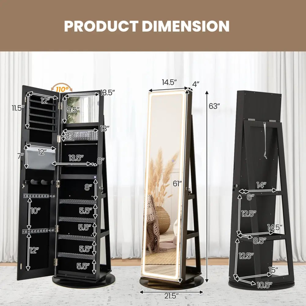 Standing Jewelry Cabinet with Adjustable LED Lights-Black - Black - Jewelry Armoires
