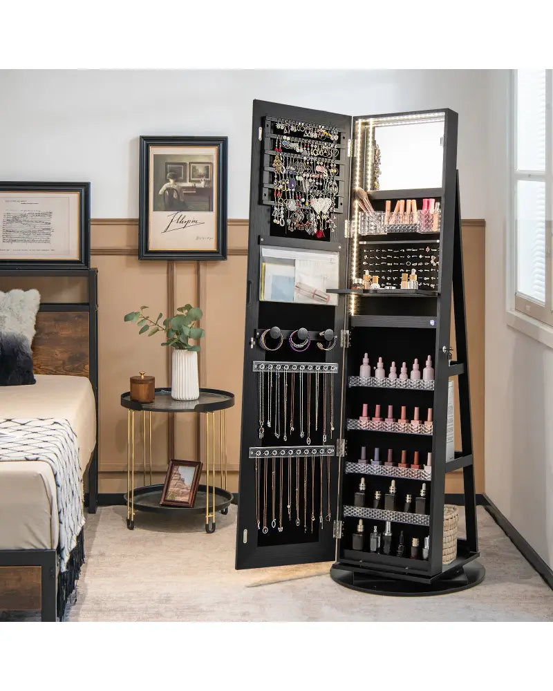 Standing Jewelry Cabinet with Adjustable LED Lights-Black - Black - Jewelry Armoires