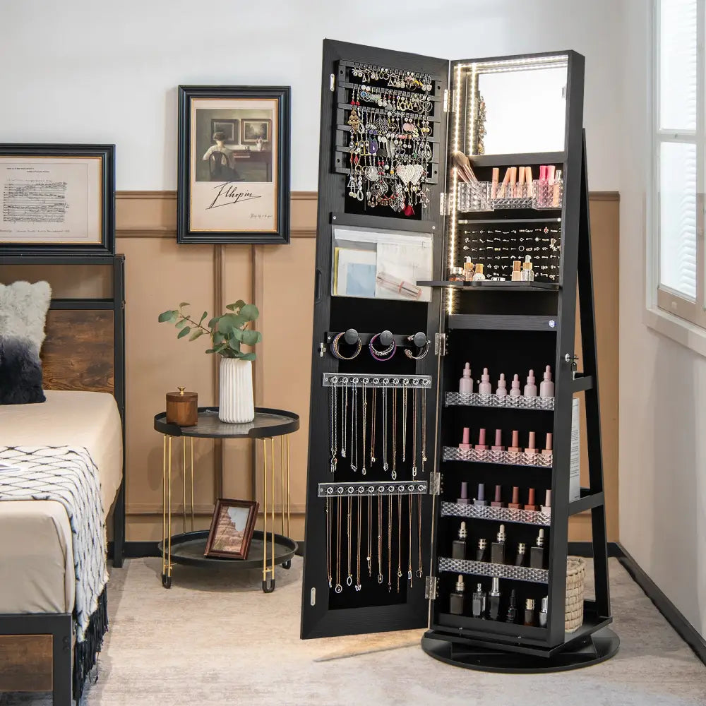 Standing Jewelry Cabinet with Adjustable LED Lights-Black - Black - Jewelry Armoires
