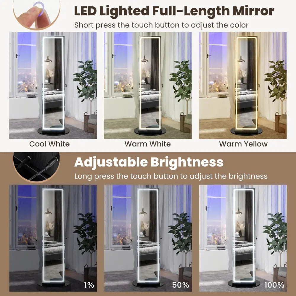 Standing Jewelry Cabinet with Adjustable LED Lights-Black - Black - Jewelry Armoires