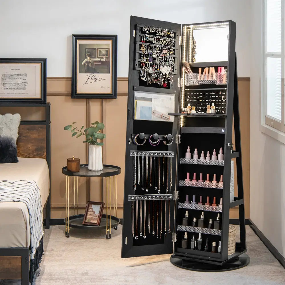 Standing Jewelry Cabinet with Adjustable LED Lights-Black - Black - Jewelry Armoires