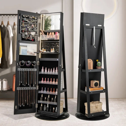 Standing Jewelry Cabinet with Adjustable LED Lights-Black - Black - Jewelry Armoires