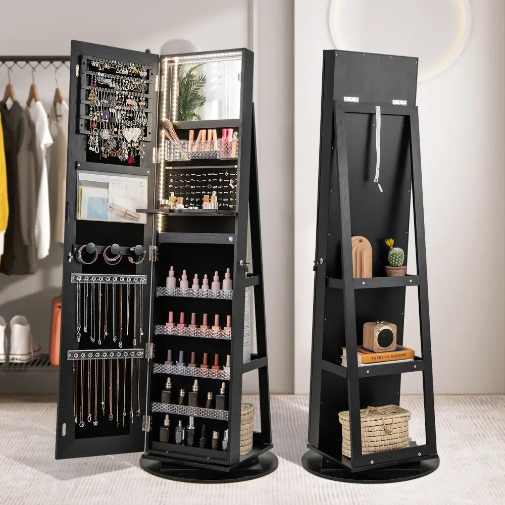 Standing Jewelry Cabinet with Adjustable LED Lights-Black - Black - Jewelry Armoires