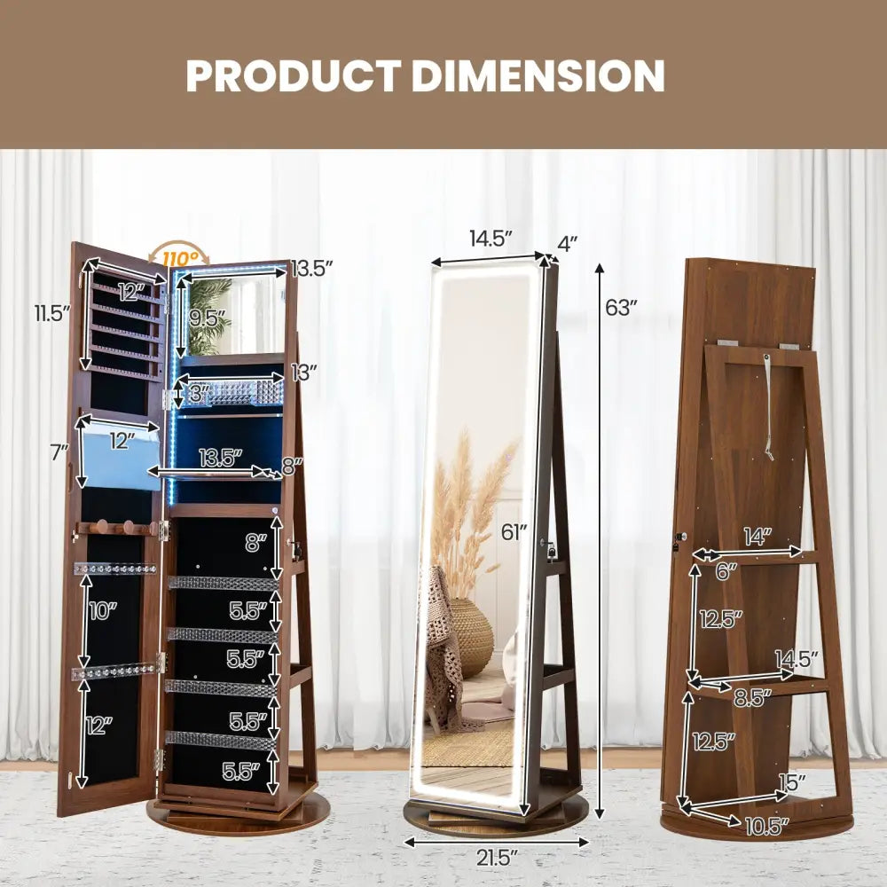 Standing Jewelry Cabinet with Adjustable LED Lights-Brown - Brown - Jewelry Armoires