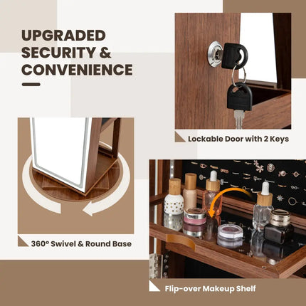 Standing Jewelry Cabinet with Adjustable LED Lights-Brown - Brown - Jewelry Armoires