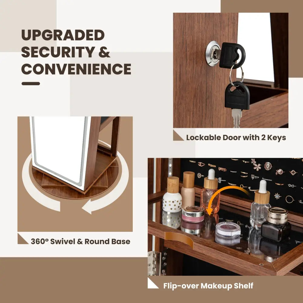 Standing Jewelry Cabinet with Adjustable LED Lights-Brown - Brown - Jewelry Armoires