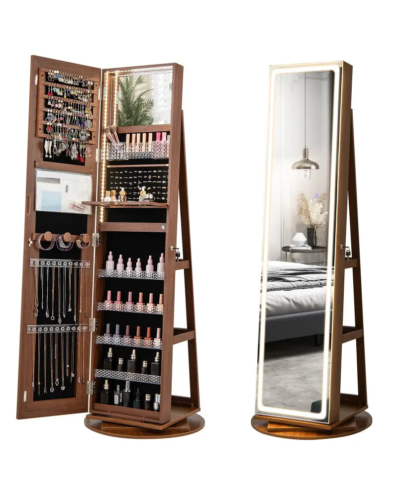 Standing Jewelry Cabinet with Adjustable LED Lights-Brown - Brown - Jewelry Armoires