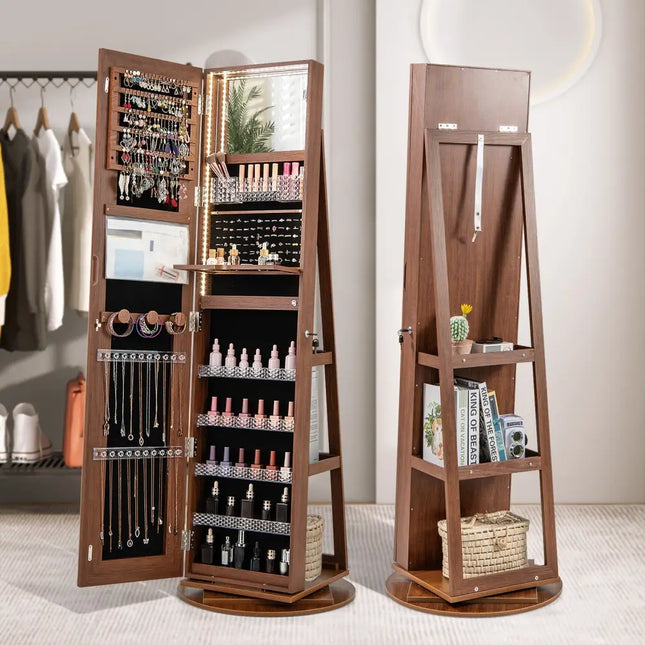 Standing Jewelry Cabinet with Adjustable LED Lights-Brown - Brown - Jewelry Armoires