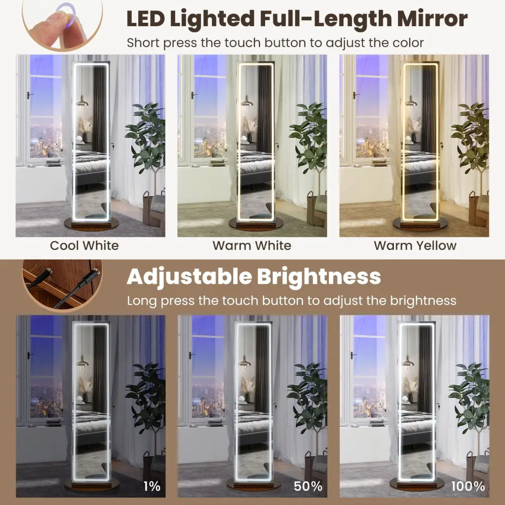 Standing Jewelry Cabinet with Adjustable LED Lights-Brown - Brown - Jewelry Armoires