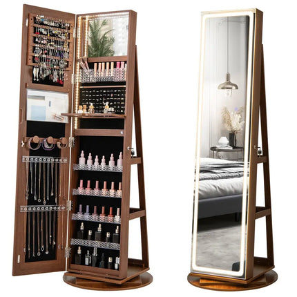 Standing Jewelry Cabinet with Adjustable LED Lights-Brown - Brown - Jewelry Armoires