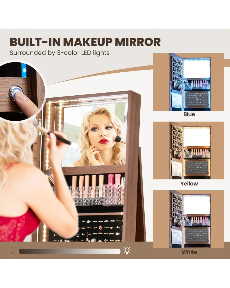 Standing Jewelry Cabinet with Adjustable LED Lights-Brown - Brown - Jewelry Armoires