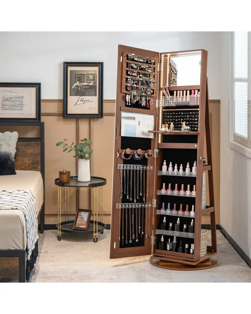 Standing Jewelry Cabinet with Adjustable LED Lights-Brown - Brown - Jewelry Armoires