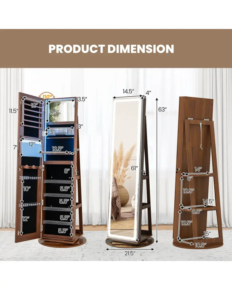 Standing Jewelry Cabinet with Adjustable LED Lights-Brown - Brown - Jewelry Armoires