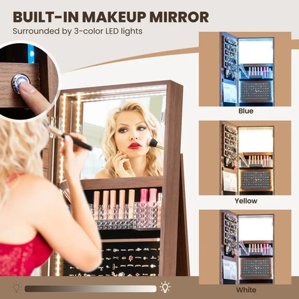 Standing Jewelry Cabinet with Adjustable LED Lights-Brown - Brown - Jewelry Armoires
