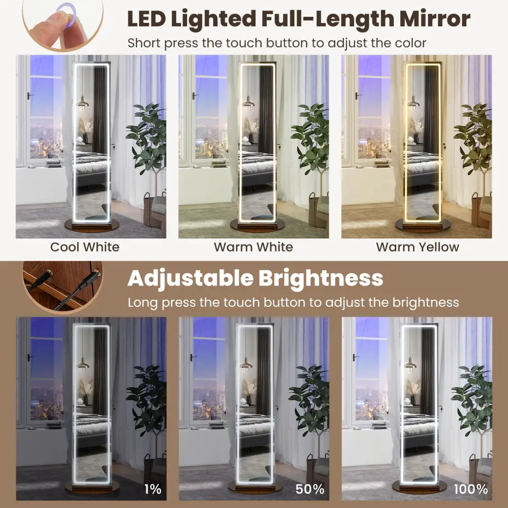 Standing Jewelry Cabinet with Adjustable LED Lights-Brown - Brown - Jewelry Armoires