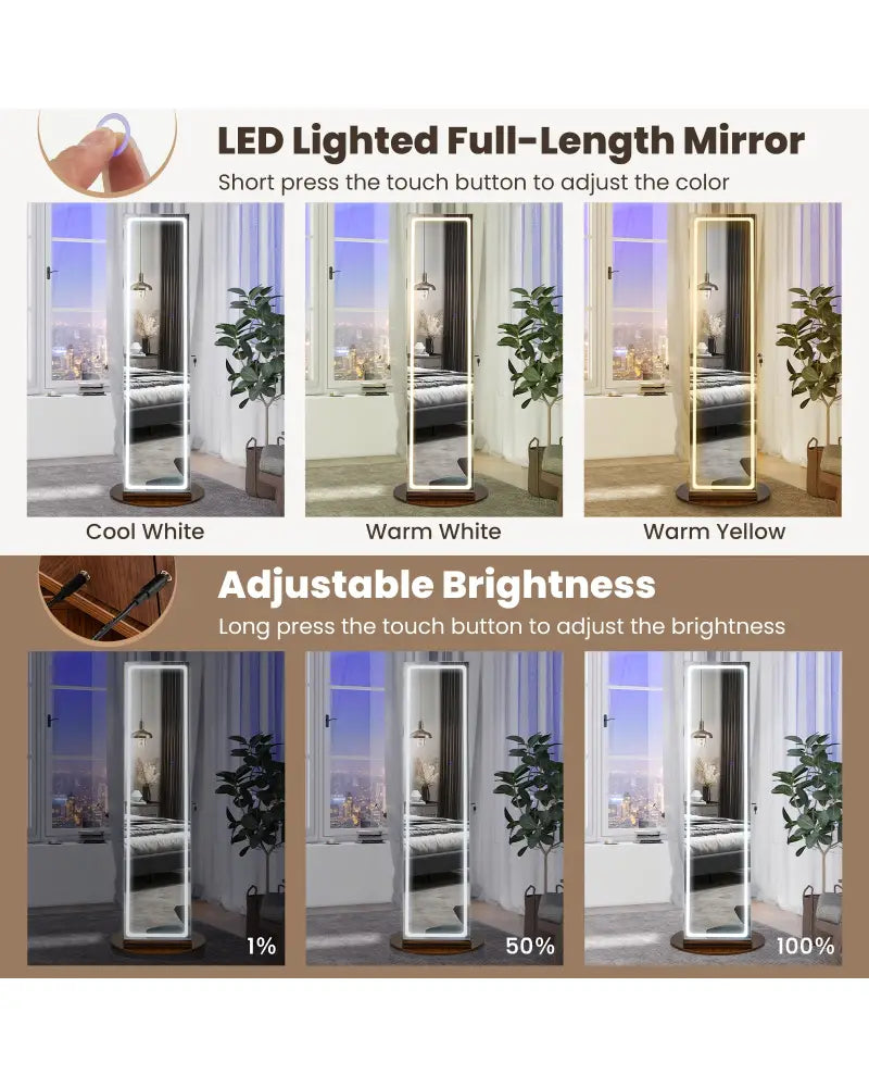 Standing Jewelry Cabinet with Adjustable LED Lights-Brown - Brown - Jewelry Armoires