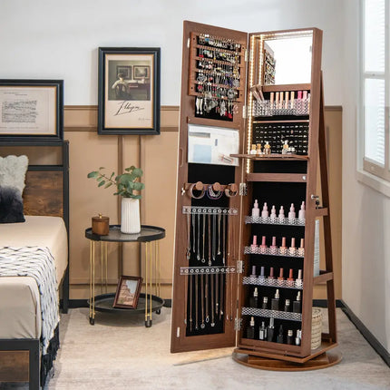 Standing Jewelry Cabinet with Adjustable LED Lights-Brown - Brown - Jewelry Armoires