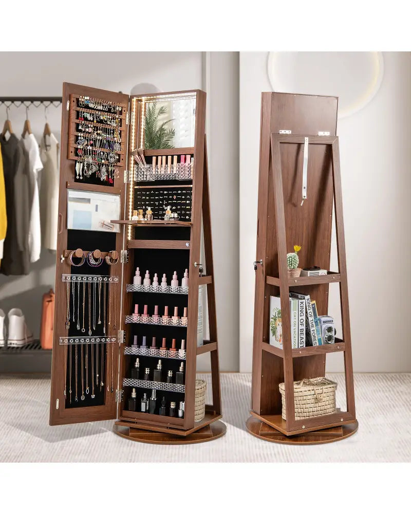 Standing Jewelry Cabinet with Adjustable LED Lights-Brown - Brown - Jewelry Armoires