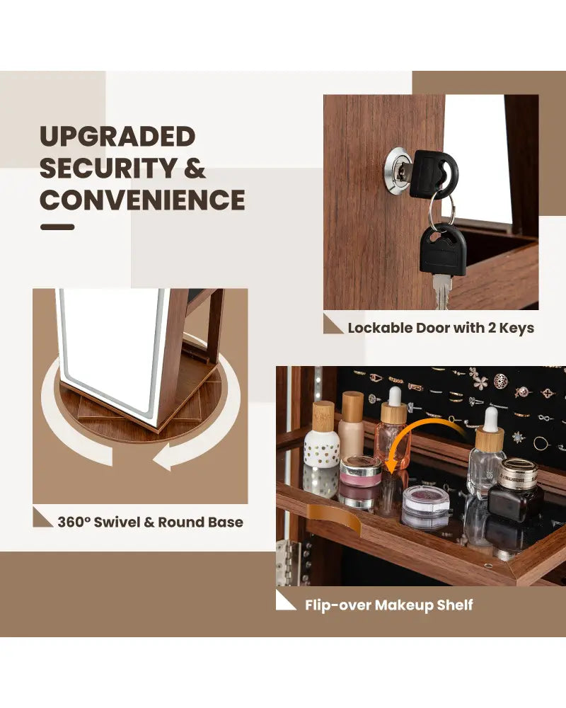 Standing Jewelry Cabinet with Adjustable LED Lights-Brown - Brown - Jewelry Armoires