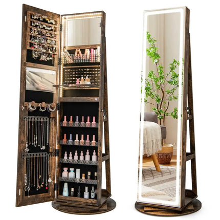 Standing Jewelry Cabinet with Adjustable LED Lights-Coffee - Coffee - Jewelry Armoires
