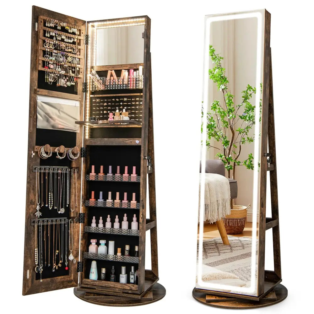 Standing Jewelry Cabinet with Adjustable LED Lights-Coffee - Coffee - Jewelry Armoires