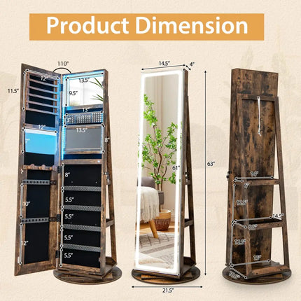 Standing Jewelry Cabinet with Adjustable LED Lights-Coffee - Coffee - Jewelry Armoires