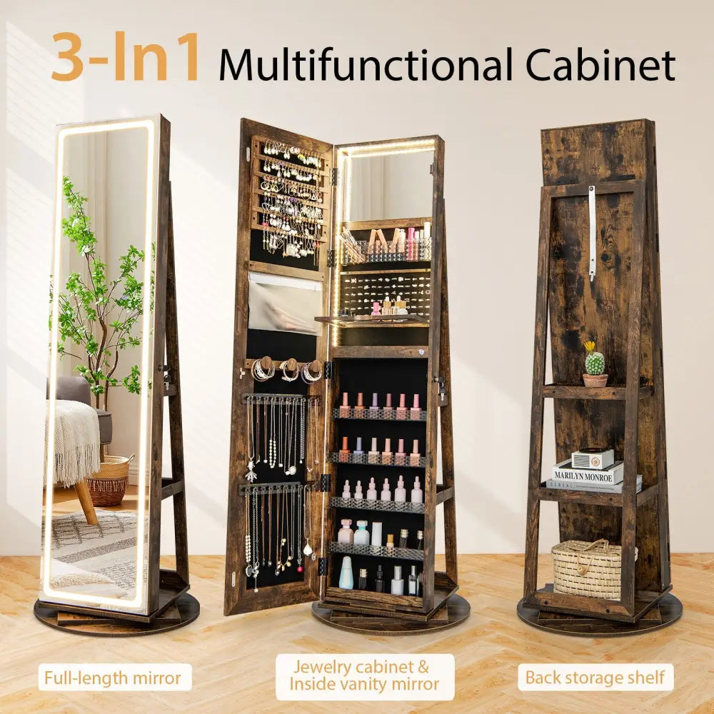 Standing Jewelry Cabinet with Adjustable LED Lights-Coffee - Coffee - Jewelry Armoires