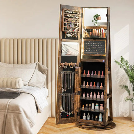 Standing Jewelry Cabinet with Adjustable LED Lights-Coffee - Coffee - Jewelry Armoires