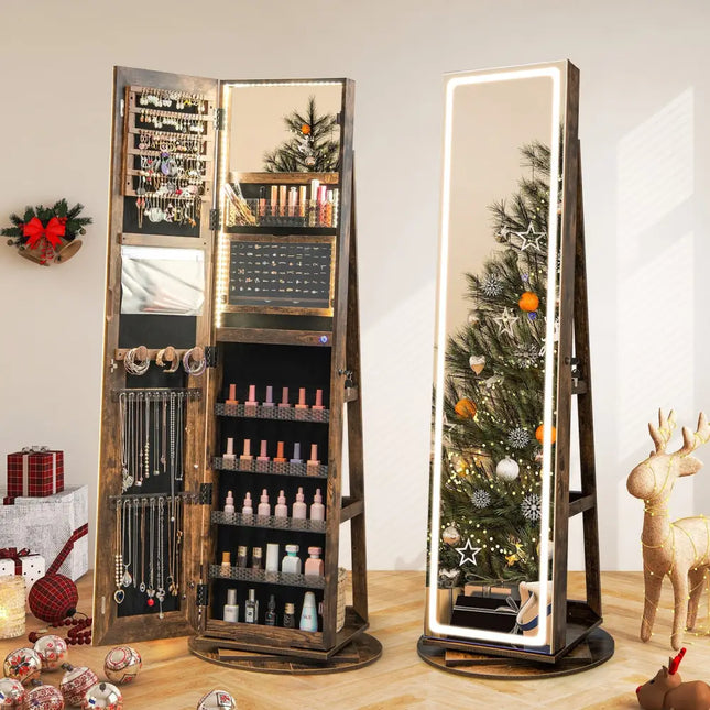 Standing Jewelry Cabinet with Adjustable LED Lights-Coffee - Coffee - Jewelry Armoires