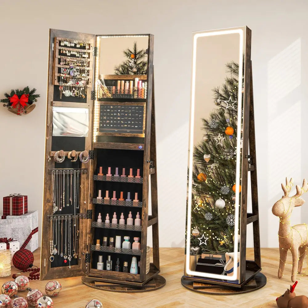Standing Jewelry Cabinet with Adjustable LED Lights-Coffee - Coffee - Jewelry Armoires