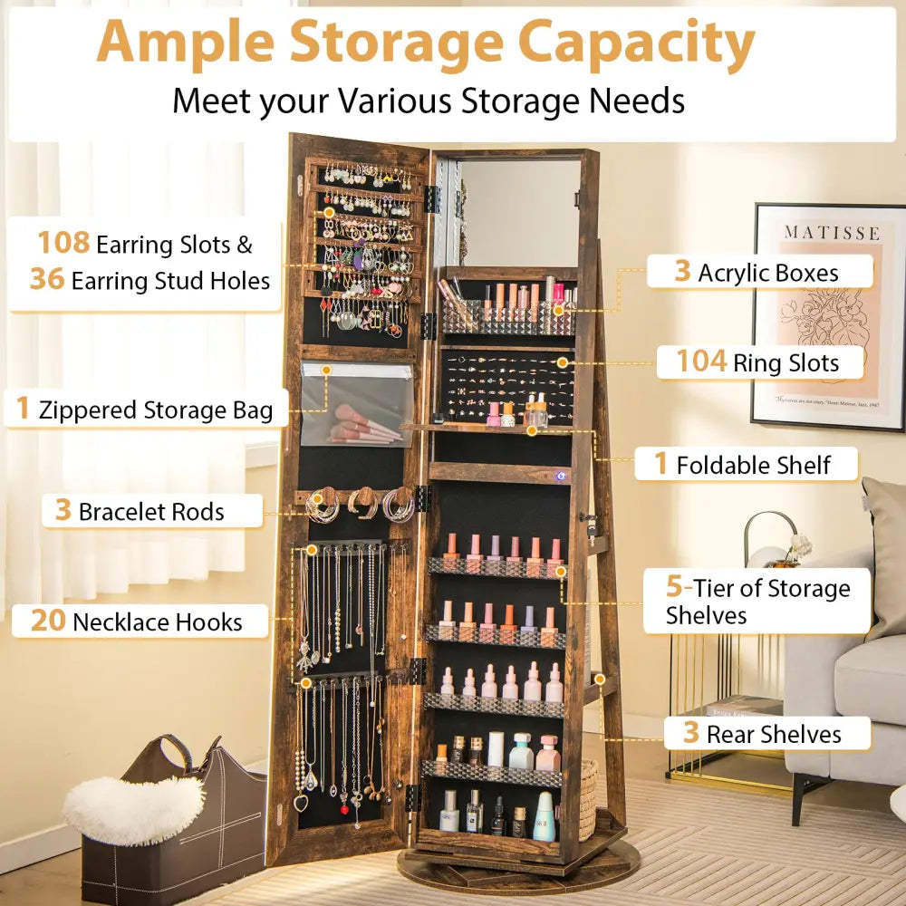 Standing Jewelry Cabinet with Adjustable LED Lights-Coffee - Coffee - Jewelry Armoires