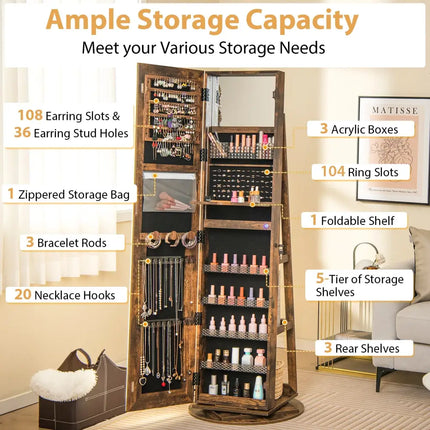 Standing Jewelry Cabinet with Adjustable LED Lights-Coffee - Coffee - Jewelry Armoires