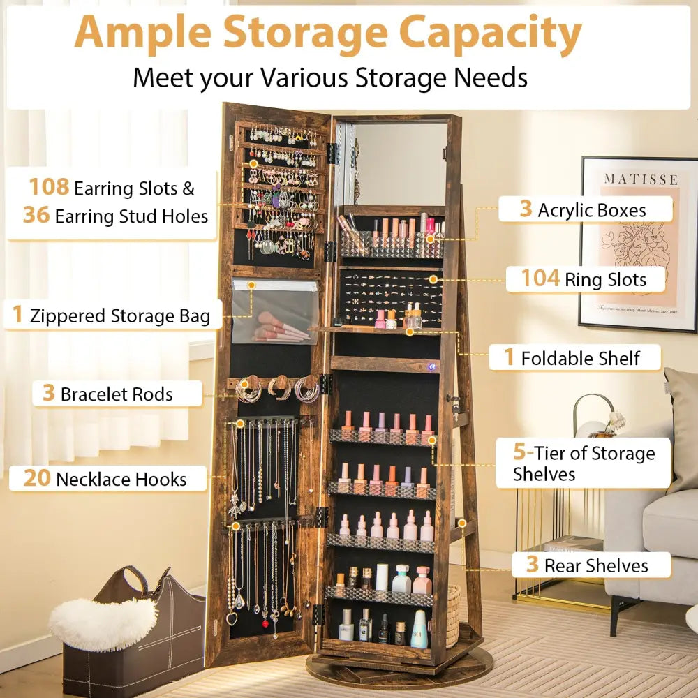 Standing Jewelry Cabinet with Adjustable LED Lights-Coffee - Coffee - Jewelry Armoires