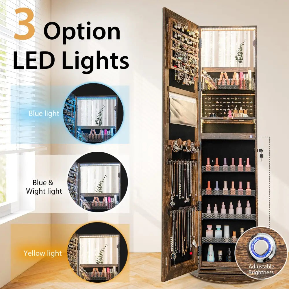 Standing Jewelry Cabinet with Adjustable LED Lights-Coffee - Coffee - Jewelry Armoires