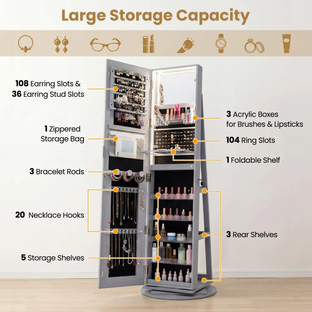 Standing Jewelry Cabinet with Adjustable LED Lights-Gray - Gray - Jewelry Armoires