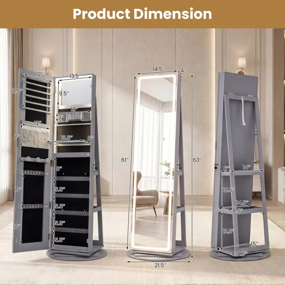 Standing Jewelry Cabinet with Adjustable LED Lights-Gray - Gray - Jewelry Armoires