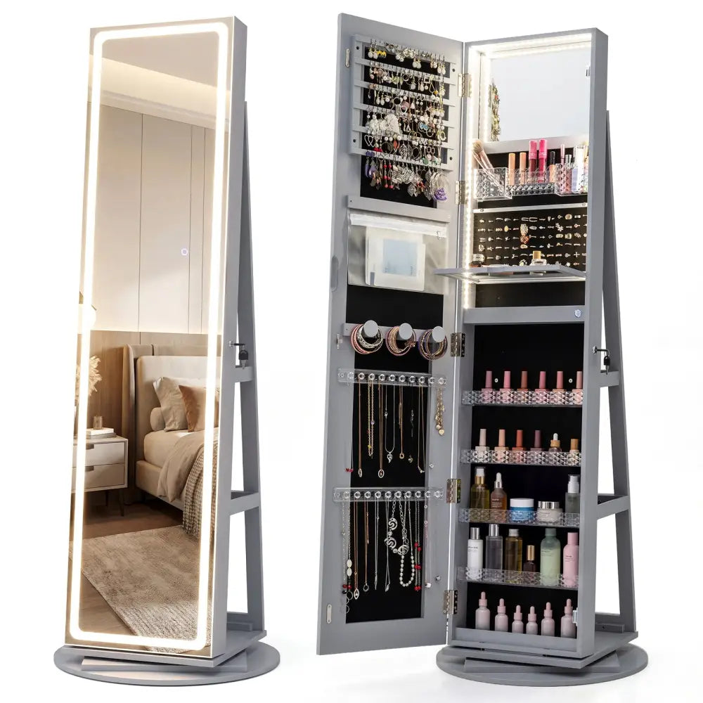 Standing Jewelry Cabinet with Adjustable LED Lights-Gray - Gray - Jewelry Armoires
