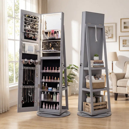 Standing Jewelry Cabinet with Adjustable LED Lights-Gray - Gray - Jewelry Armoires