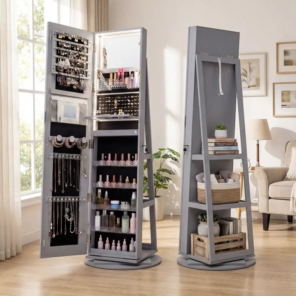 Standing Jewelry Cabinet with Adjustable LED Lights-Gray - Gray - Jewelry Armoires