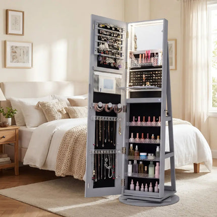 Standing Jewelry Cabinet with Adjustable LED Lights-Gray - Gray - Jewelry Armoires