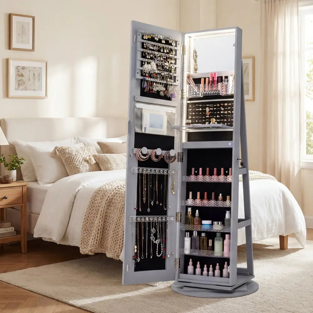 Standing Jewelry Cabinet with Adjustable LED Lights-Gray - Gray - Jewelry Armoires