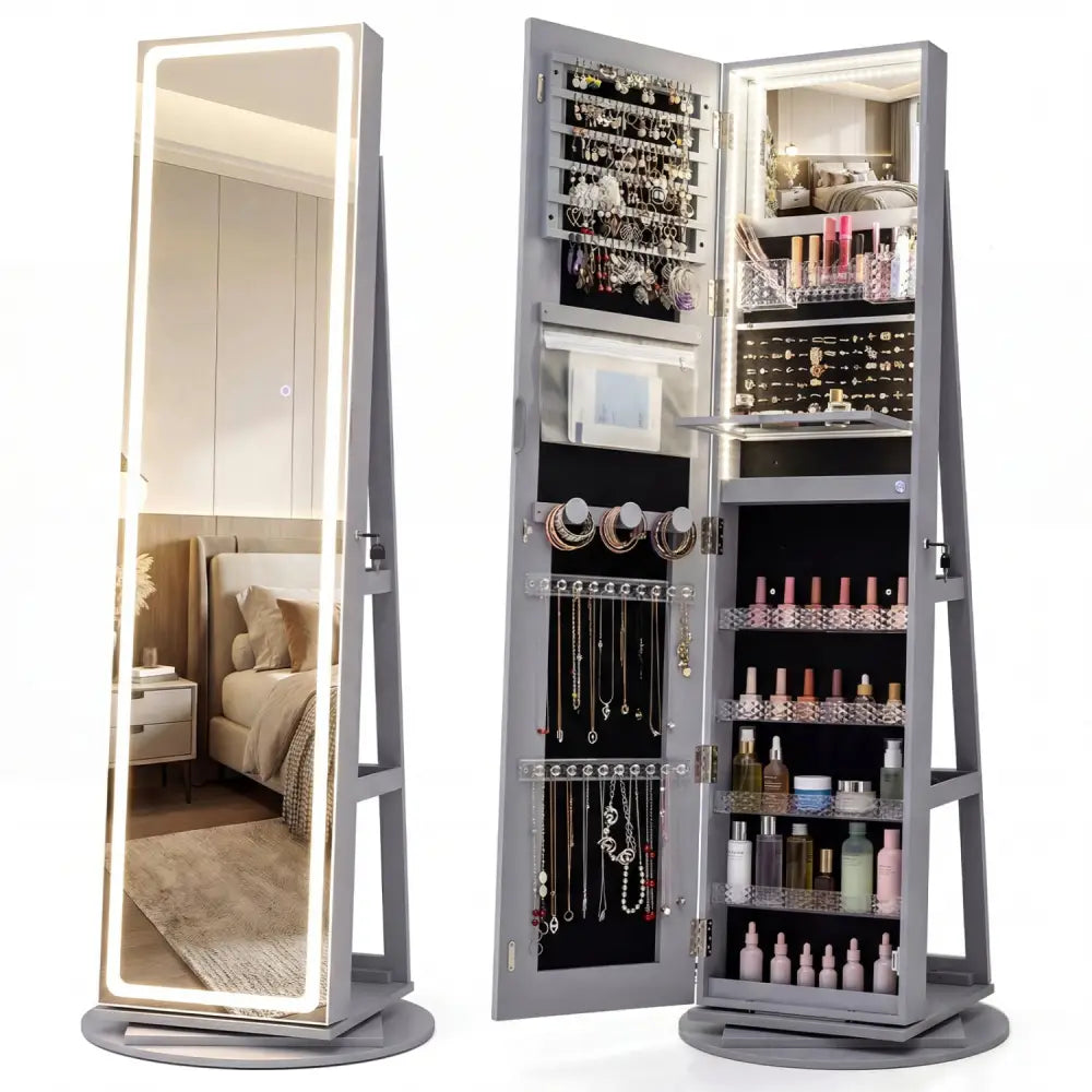 Standing Jewelry Cabinet with Adjustable LED Lights-Gray - Gray - Jewelry Armoires
